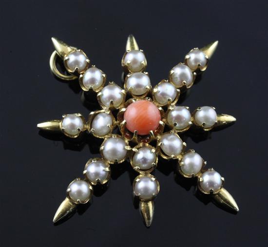 A late Victorian gold, cultured pearl and coral eight pointed star pendant, 1.25in.